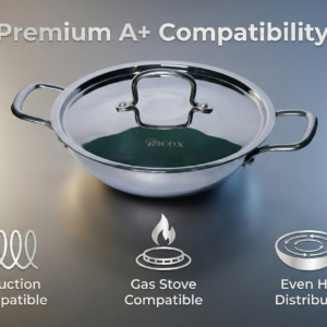 triply stainless steel kadai with lid & spoon 24 cm, 3l capacity | premium 1.85 kg extra heavy triply stainless steel kadai for cooking | even heat base, gas & induction | 5 years warranty