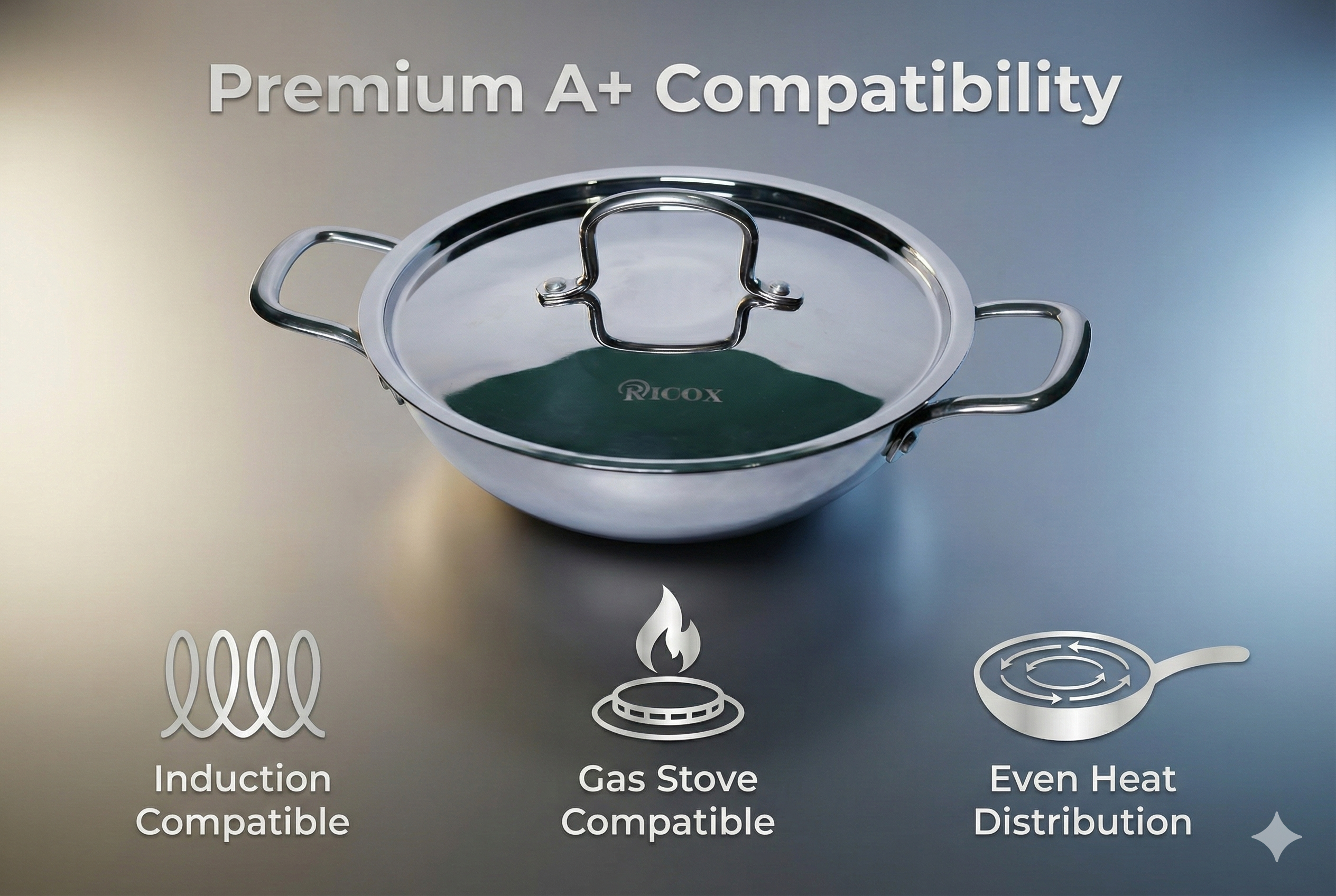 triply stainless steel kadai with lid & spoon 24 cm, 3l capacity | premium 1.85 kg extra heavy triply stainless steel kadai for cooking | even heat base, gas & induction | 5 years warranty